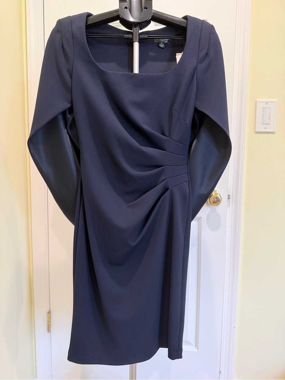 Navy Sheath Dress with Built‑In Cape💙